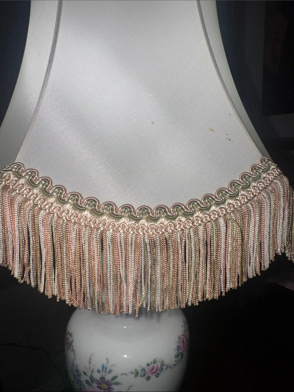 Floral Porcelain Table Lamp with Pink Shade Fringe